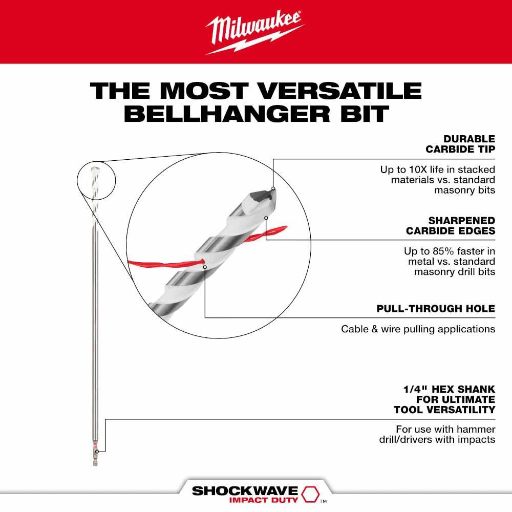 Milwaukee 48-20-8860 1/4" x 16" x 18" SHOCKWAVE Impact Duty Carbide Bellhanger Multi-Material Bit - 4