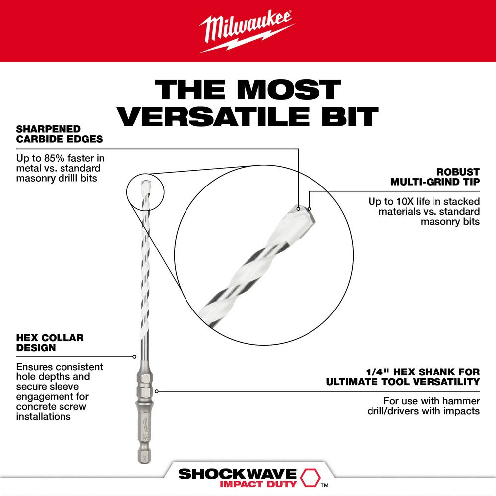 Milwaukee 48-20-8870 5/32" x 4" SHOCKWAVE Carbide Multi-Material Drill Bit for Concrete Screws - 5