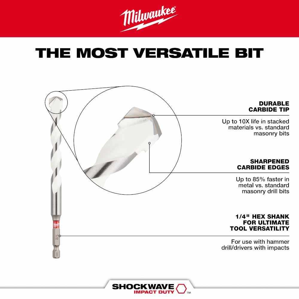 Milwaukee 48-20-8886 1/4" x 4" x 6" SHOCKWAVE Impact Duty Carbide Multi-Material Drill Bit - 4