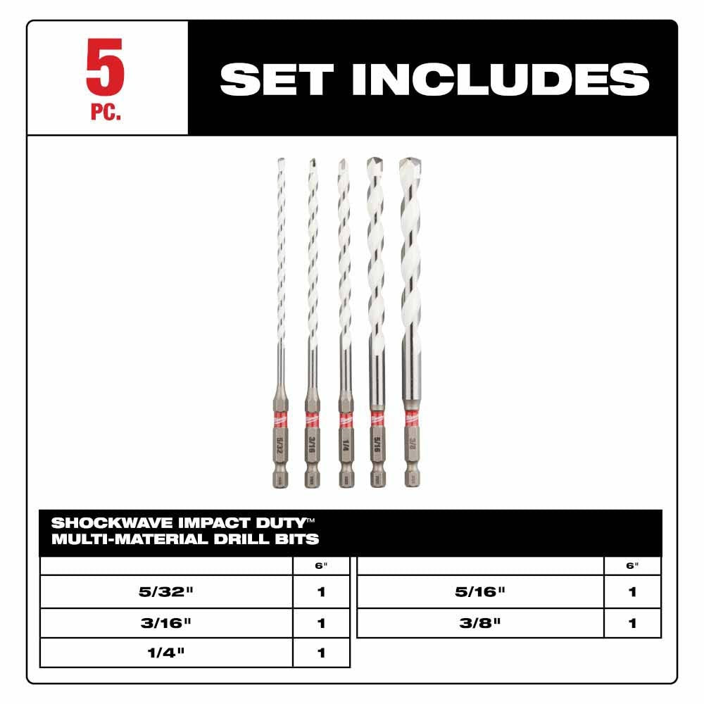 Milwaukee 48-20-8898 SHOCKWAVE Impact Duty Carbide Multi-Material Drill Bit Set - 5PC - 2