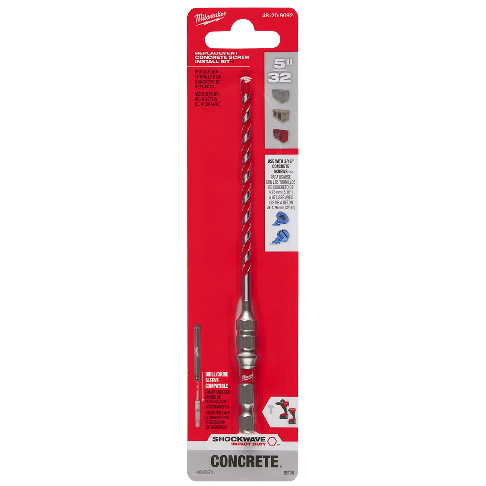 Milwaukee 48-20-9092 5/32" x 6" SHOCKWAVE Carbide Hammer Drill Bit for Concrete Screws - 9