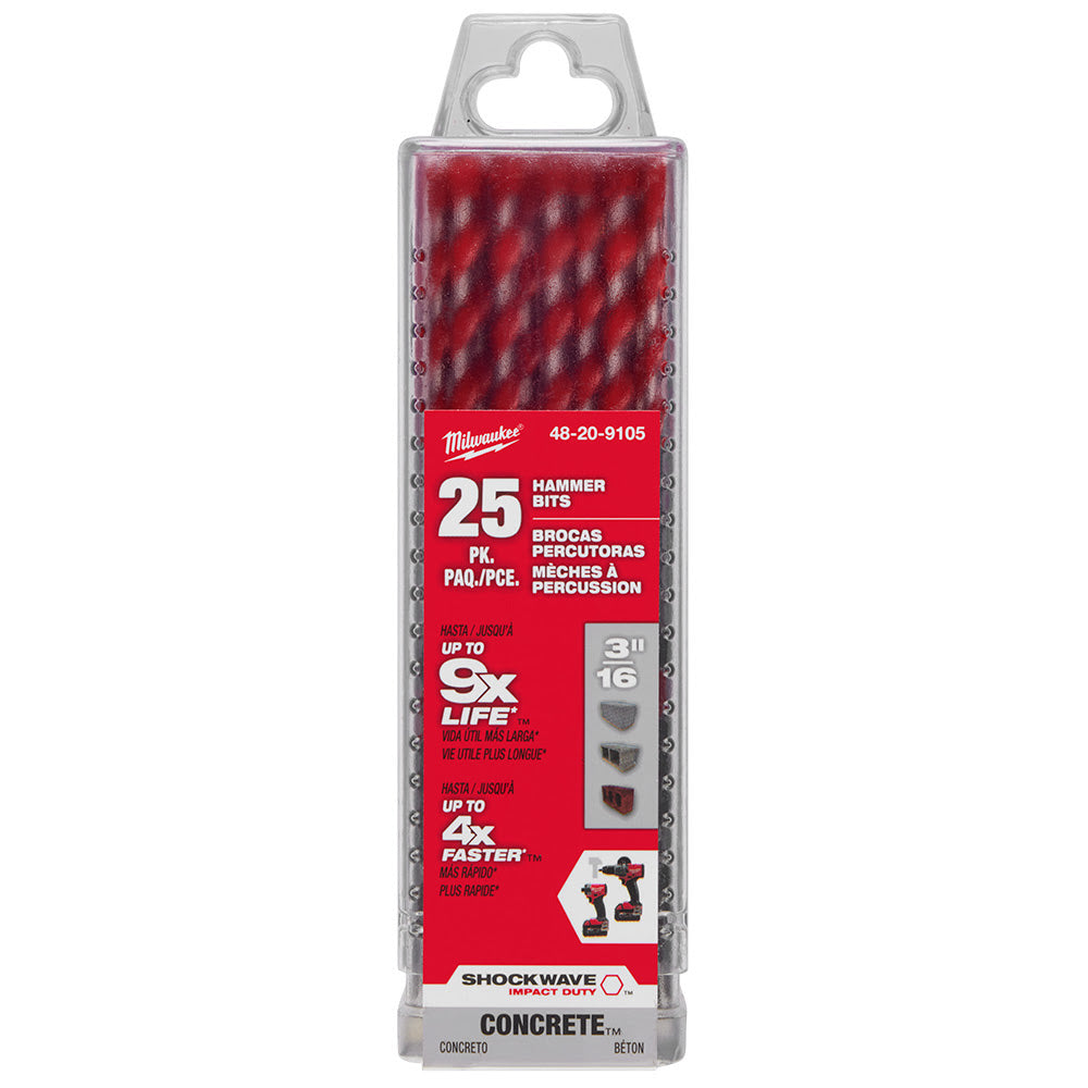 Milwaukee 48-20-9105 3/16" x 2" x 4" SHOCKWAVE™ Carbide Hammer Drill Bit Bulk 25PK - 9