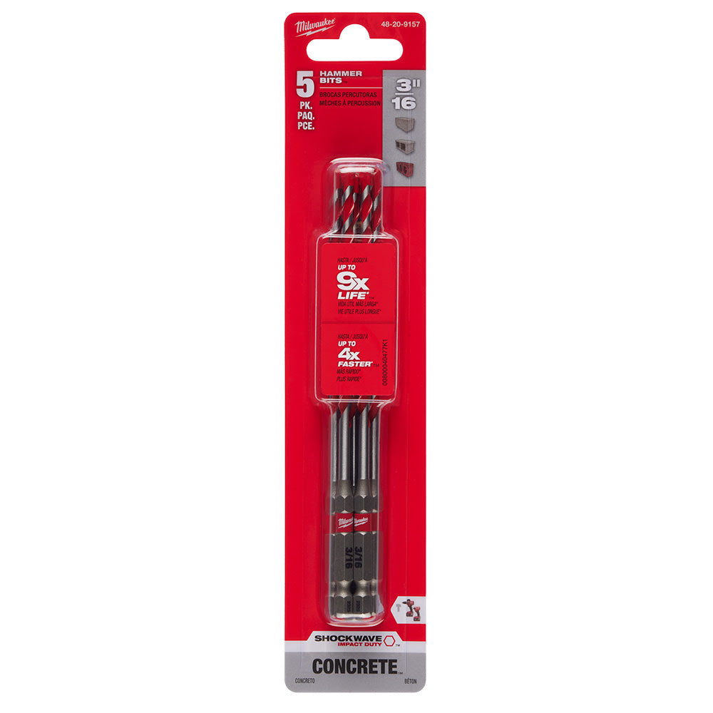 Milwaukee 48-20-9157 3/16" SHOCKWAVE™ Carbide Hammer Drill Bits 5PK - 10