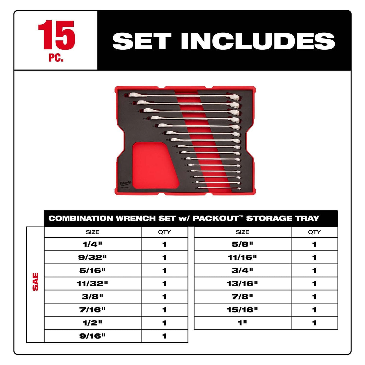 Milwaukee 48-22-0155 15pc. SAE Combination Wrench Set with Tray for PACKOUT Drawers - 3