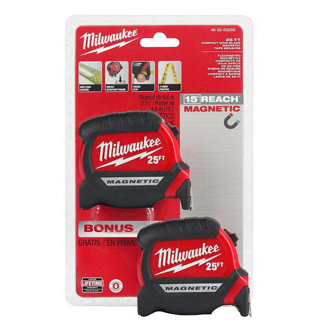 Milwaukee 48-22-0325G 25' Compact Wide Blade Magnetic Tape 2-Pack