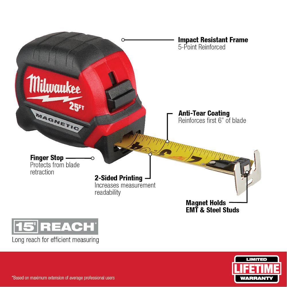 Milwaukee 48-22-0325G 25' Compact Wide Blade Magnetic Tape 2-Pack - 6