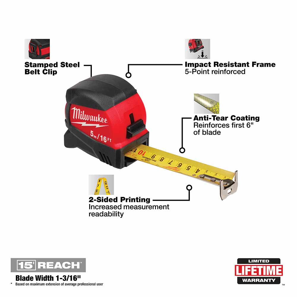 Milwaukee 48-22-0417 5m/16' Compact Wide Blade Tape Measure - 2