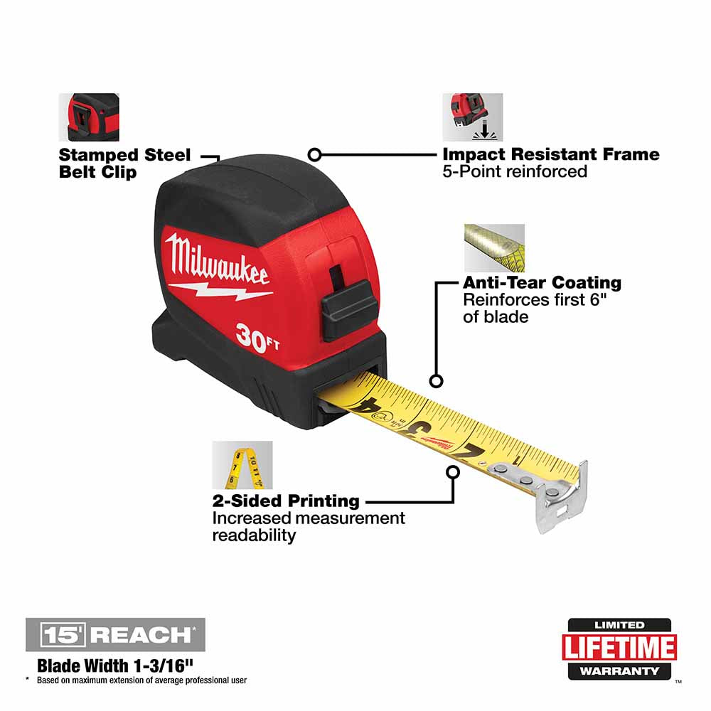 Milwaukee 48-22-0430 30' Compact Wide Blade Tape Measure - 2