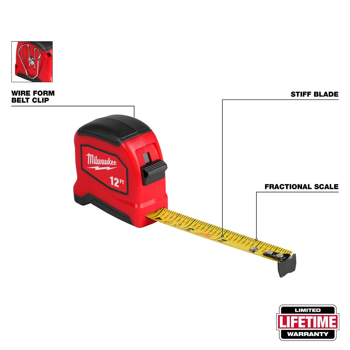 Milwaukee 48-22-0812 12' Tape Measure with Fractional Scale and Impact-Resistant Body - 2