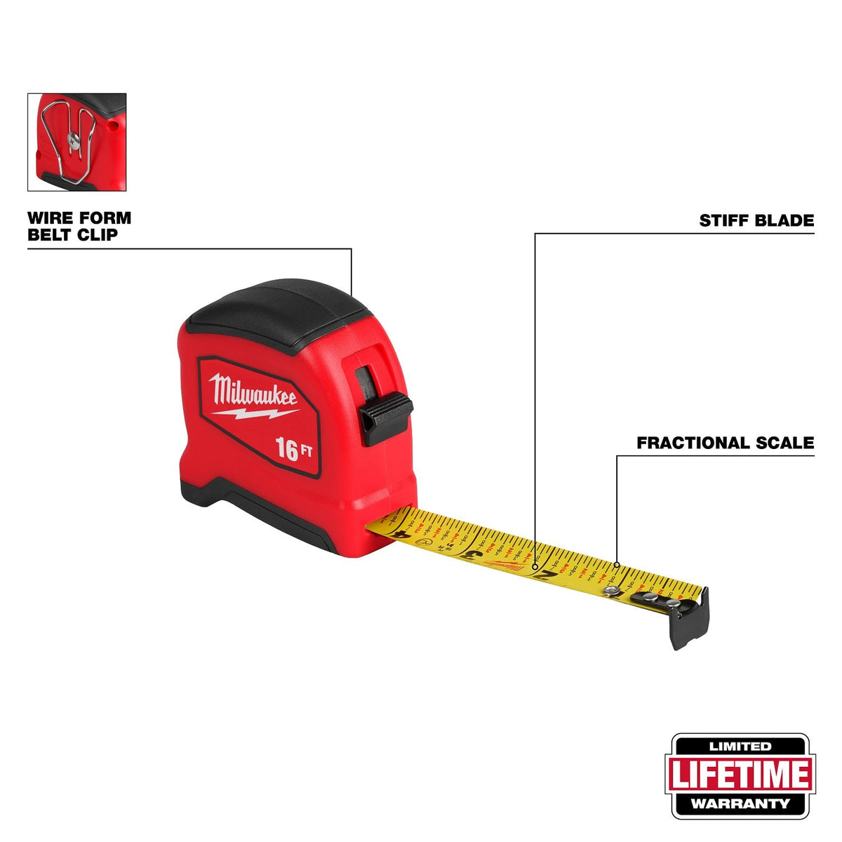 Milwaukee 48-22-0816 16' Tape Measure with Fractional Scale and Impact Resistant Body - 2