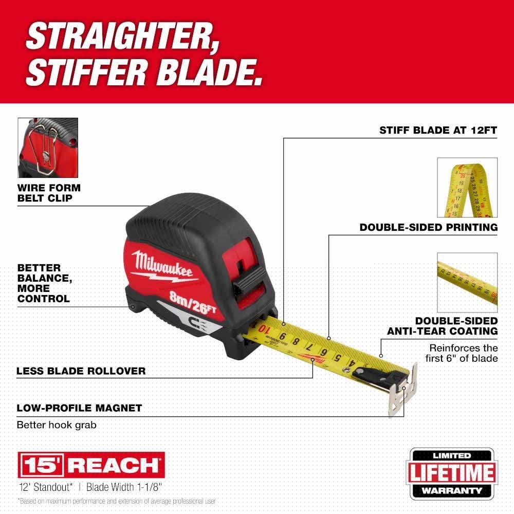 Milwaukee 48-22-1026M 8m 26 ft Magnetic Tape Measure with Low-Profile Magnet - 2