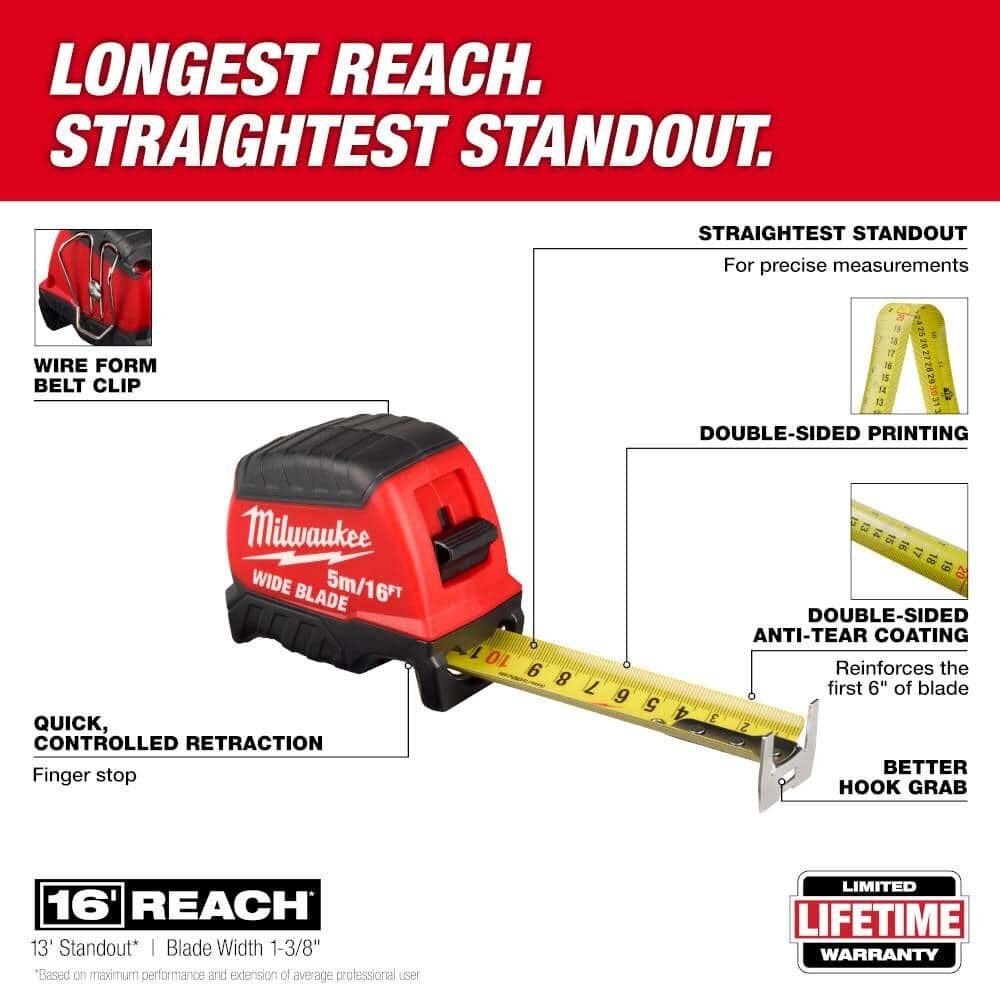 Milwaukee 48-22-1217 5m/16 ft Wide Blade Tape Measure, Metric/SAE with 16 ft Reach (1 Pack) - 5
