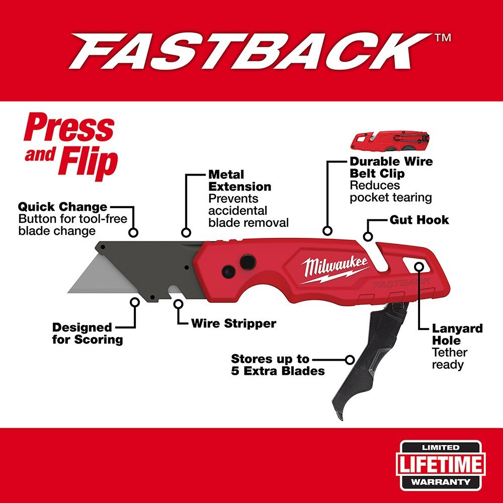 Milwaukee 48-22-1502 FASTBACK Folding Utility Knife w/ Blade Storage - 4