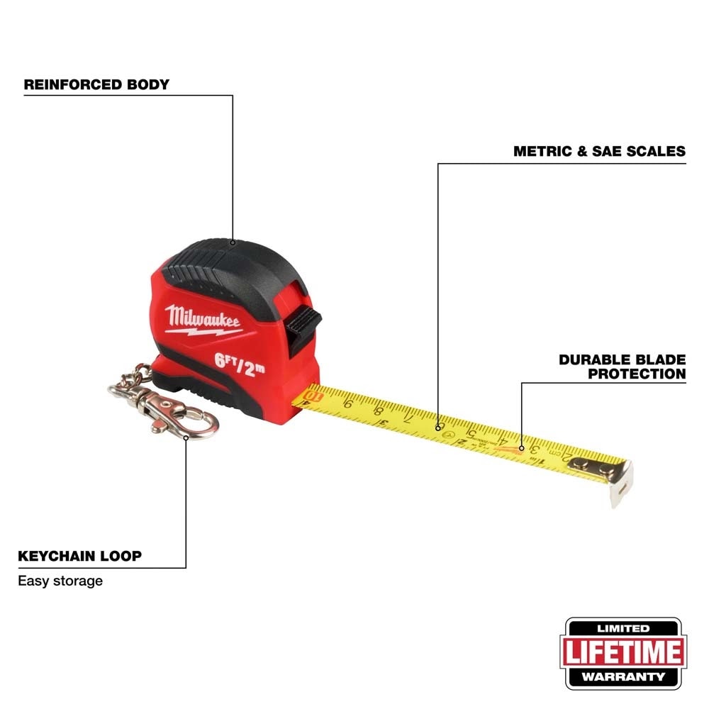 Milwaukee 48-22-1706C Keychain Tape Measure, Dual-Scale 6 ft/2 m Compact Pocket Measure - 2