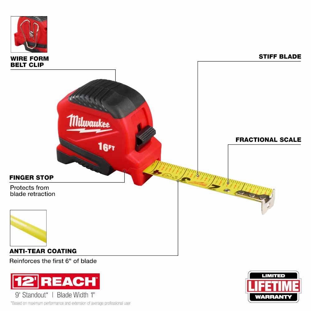 Milwaukee 48-22-1716 16ft Compact Tape Measure - 2