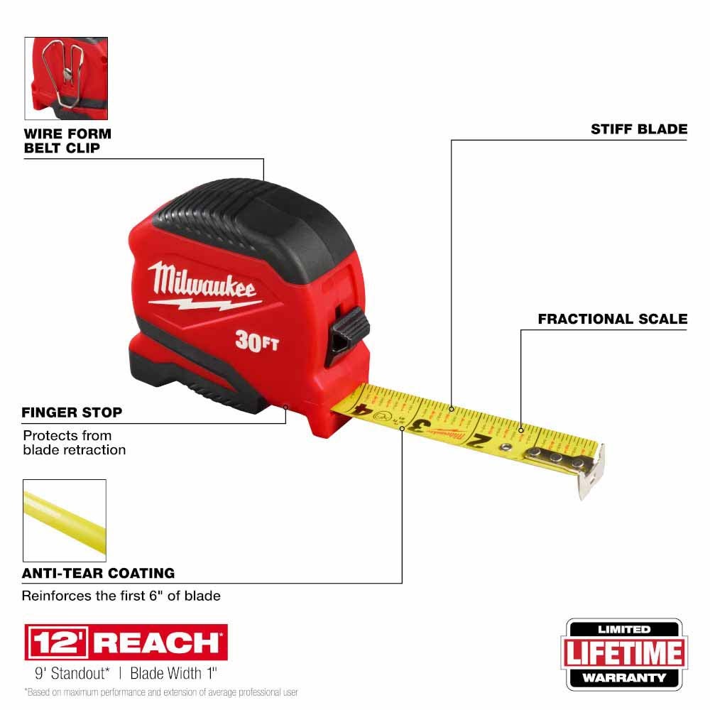 Milwaukee 48-22-1730 30ft Compact Tape Measure - 2