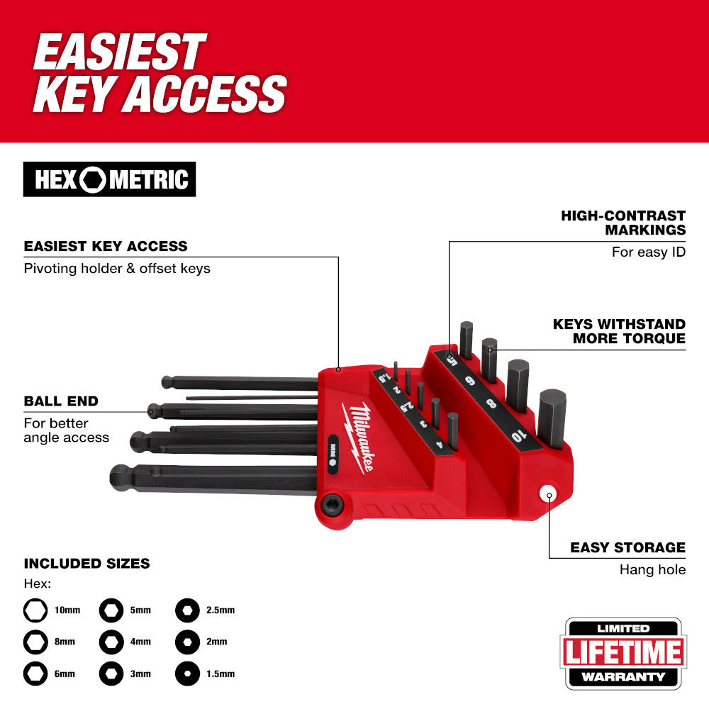 Milwaukee 48-22-2186 9-Key Ball End  L-Key Set - Metric - 2