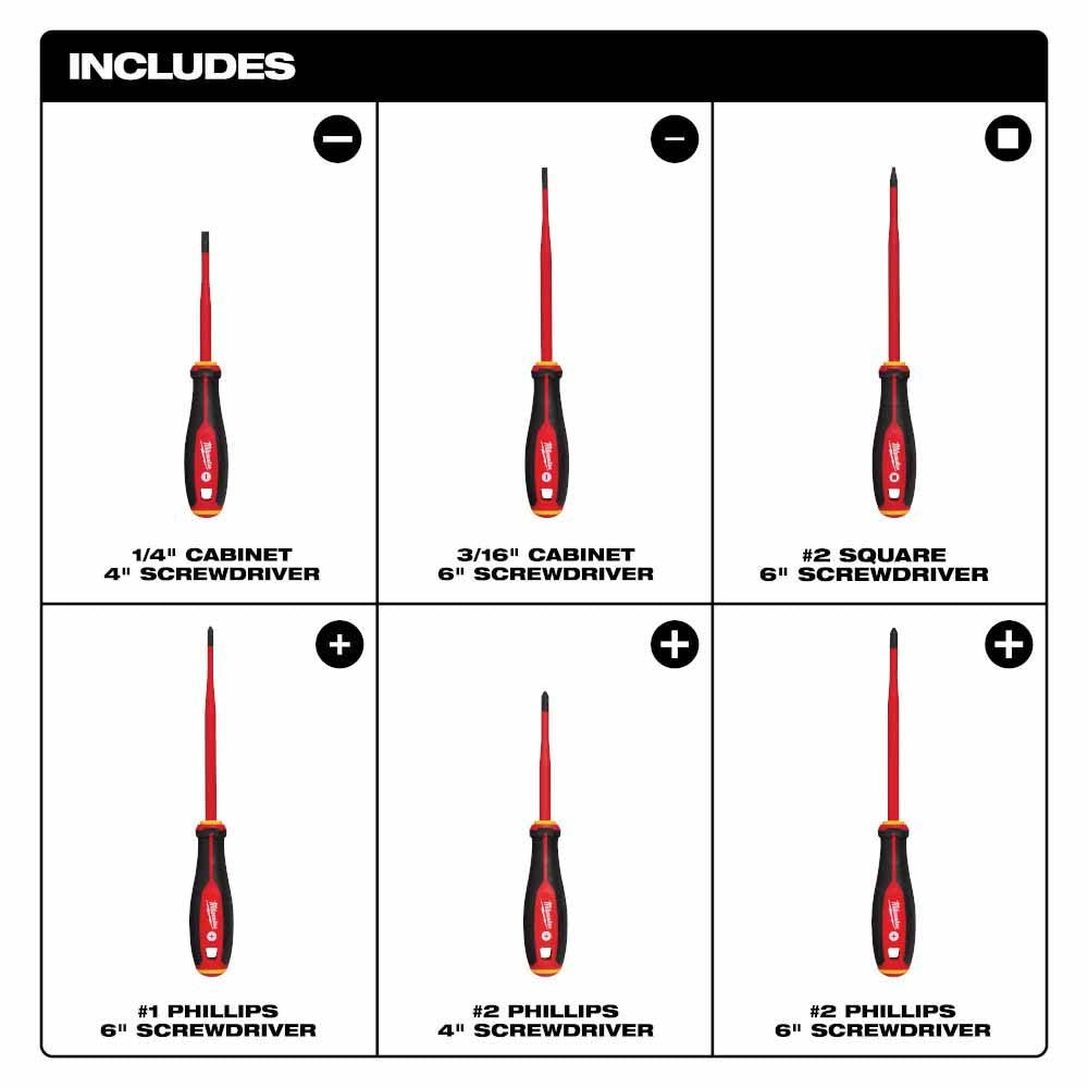 Milwaukee 48-22-2206 6pc 1000V Insulated Slim Tip Screwdriver Set - 6