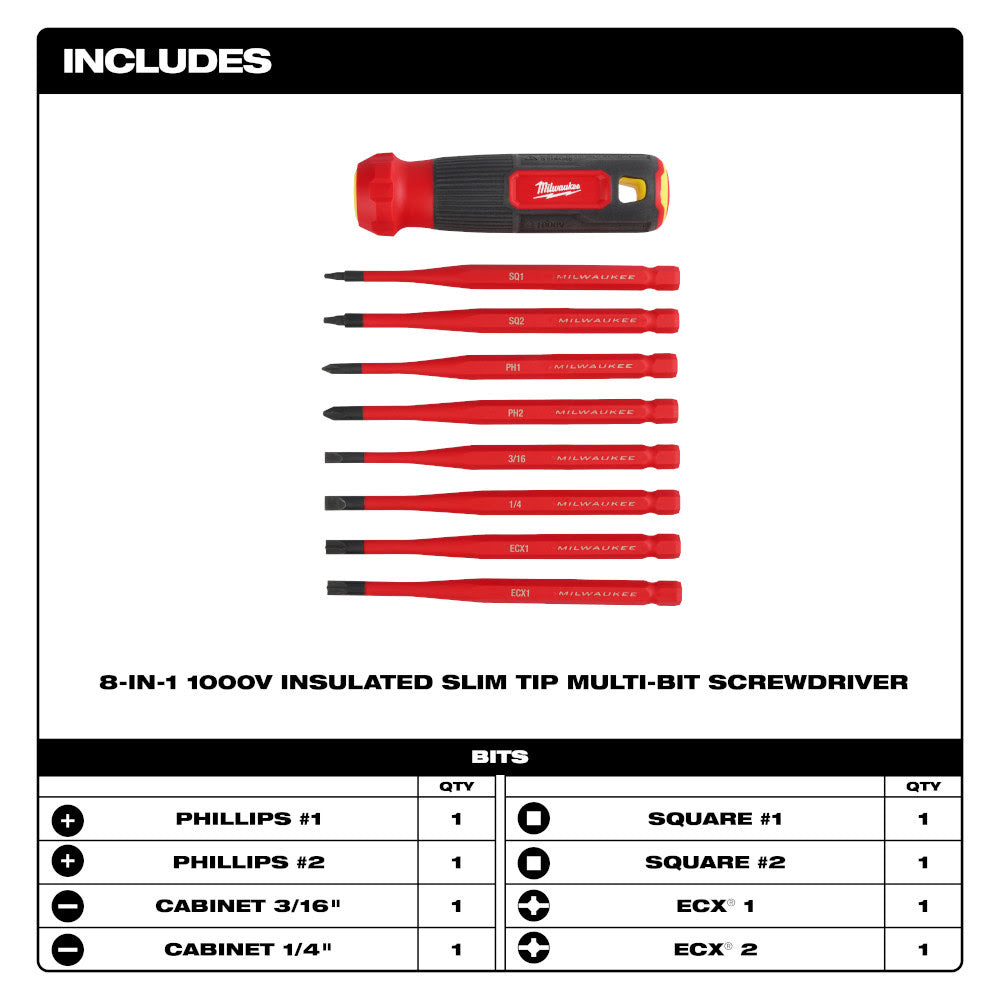 Milwaukee 48-22-2218 8-in-1 1000V Insulated Slim Tip Multi-Bit Screwdriver - 2