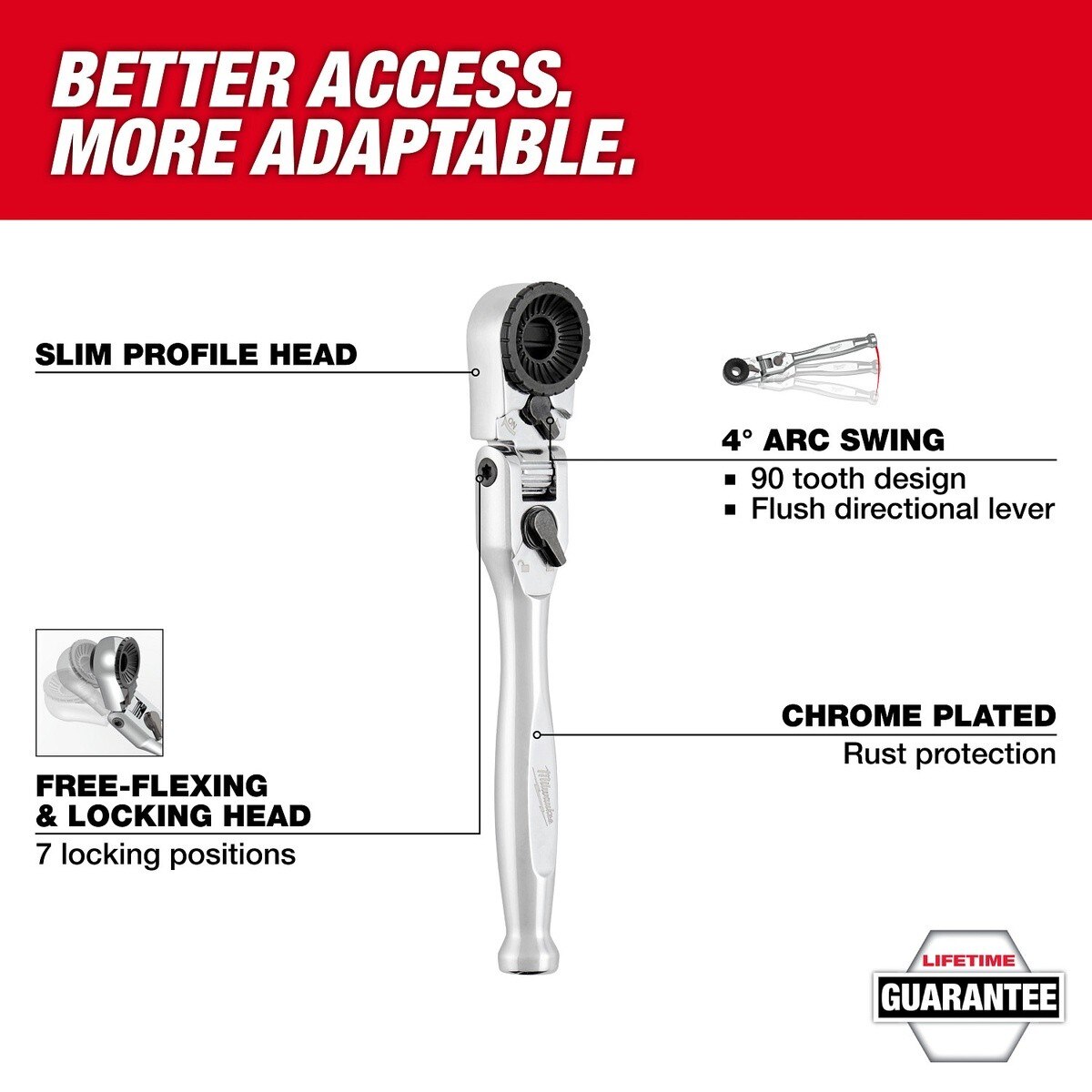 Milwaukee 48-22-2951 1/4" Hex Drive Mini Flex Head Bit Ratchet with 4 Degree Arc Swing - 2