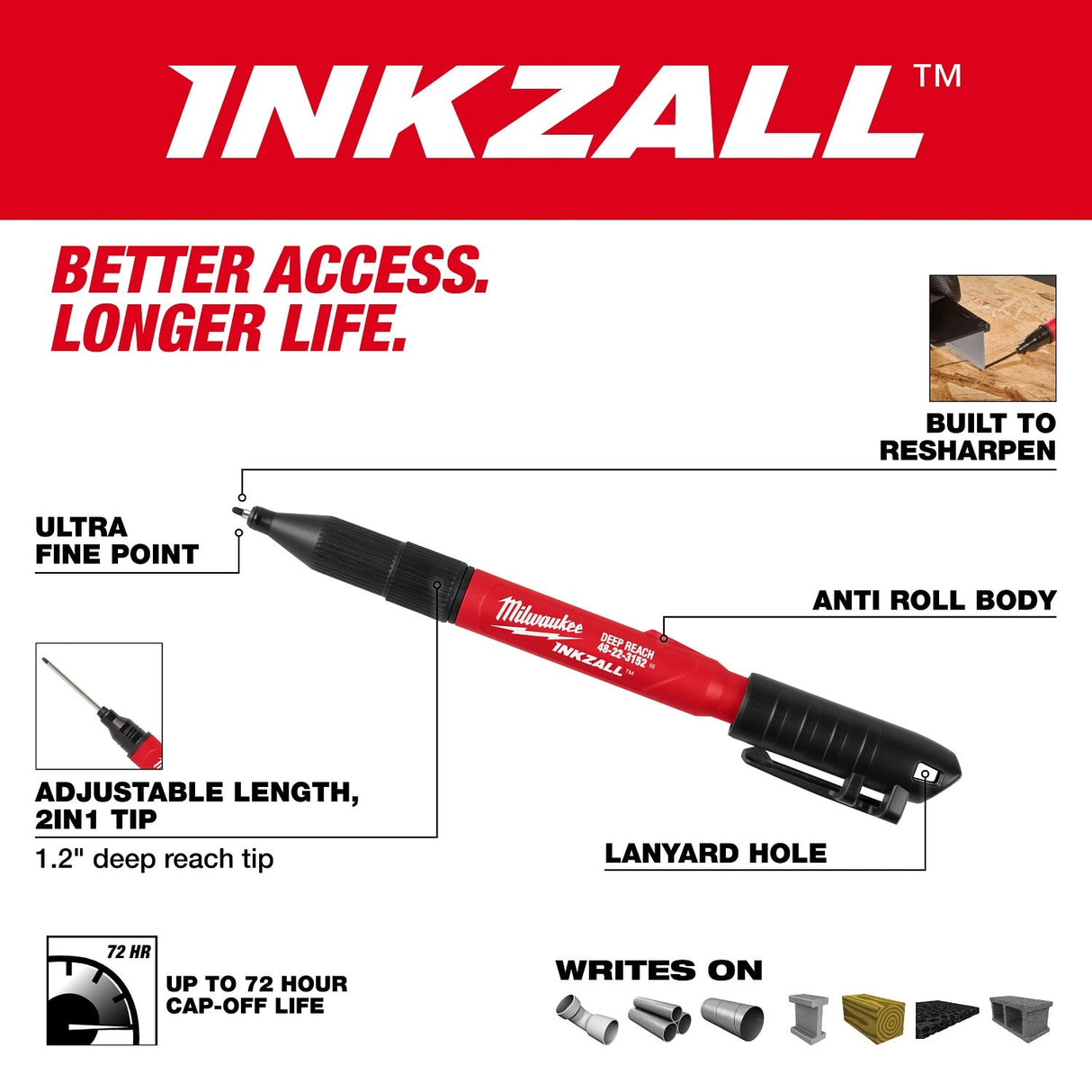 Milwaukee 48-22-3152 INKZALL 2IN1 Deep Reach Ultra Fine Point Black Jobsite Marker - 2