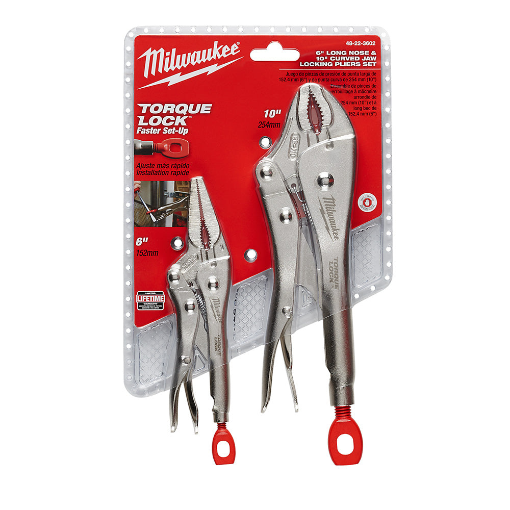 Milwaukee 48-22-3602 2PC 10" CURVED JAW J & 6" LONG NOSE TORQUE LOCK LOCKING PLIERS SET - 2