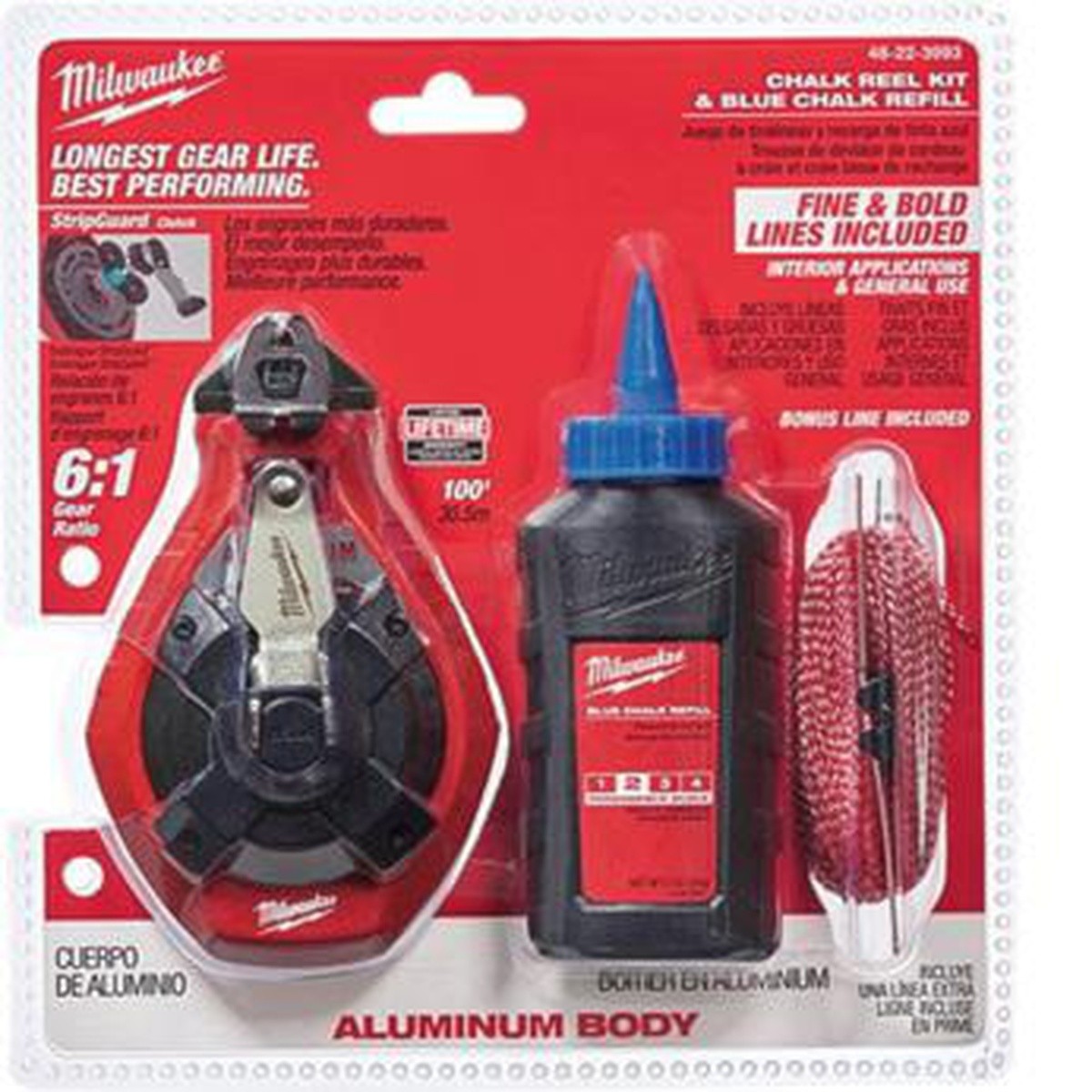 Milwaukee 48-22-3993T 100' Aluminum Chalk Reel Kit with 6:1 Retraction and Blue Chalk Refill (1 Kit)