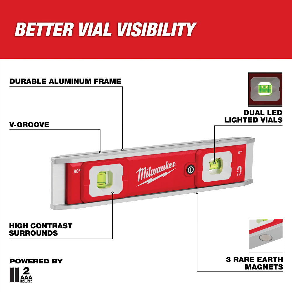 Milwaukee 48-22-5105 9" Torpedo Level with Lighted Vials - 2