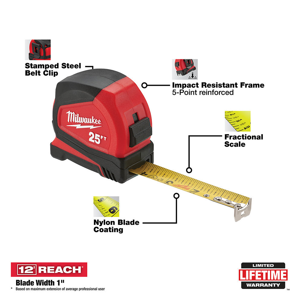 Milwaukee 48-22-6625 25' Compact Tape Measure - 2