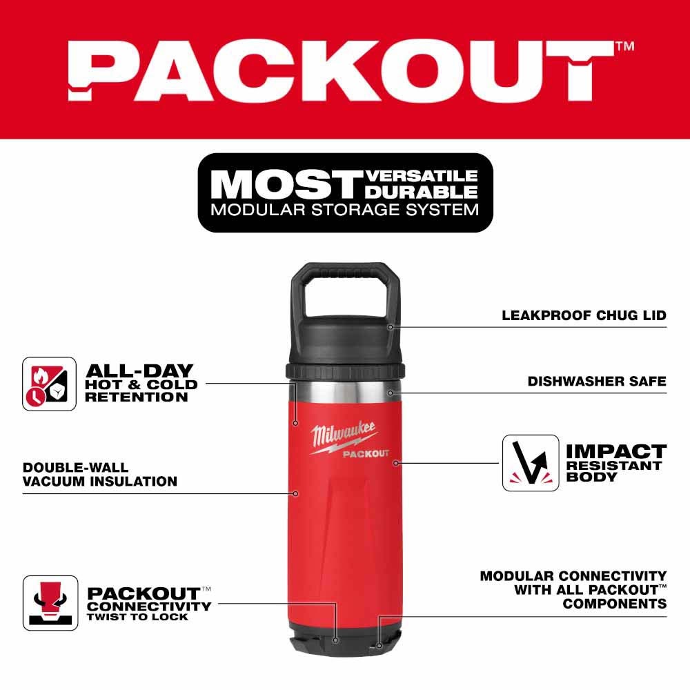 Milwaukee 48-22-8382R PACKOUT 18oz Insulated Bottle with Chug Lid - Red - 2