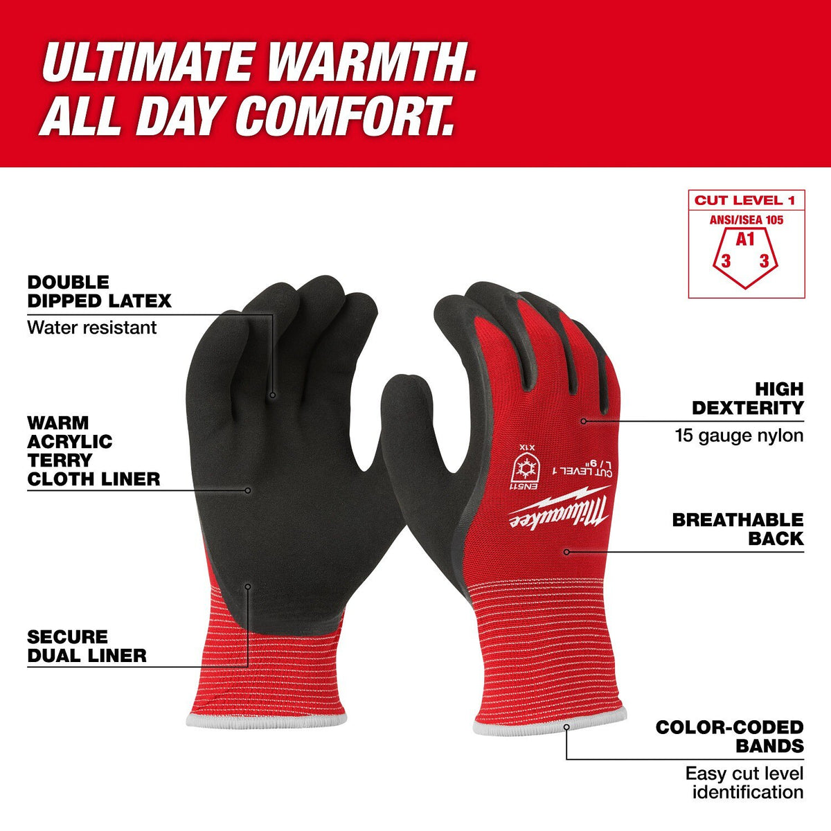 Milwaukee 48-22-8913E Cut Level 1 Winter Insulated Gloves - Extra Large (12 Pack) - 2