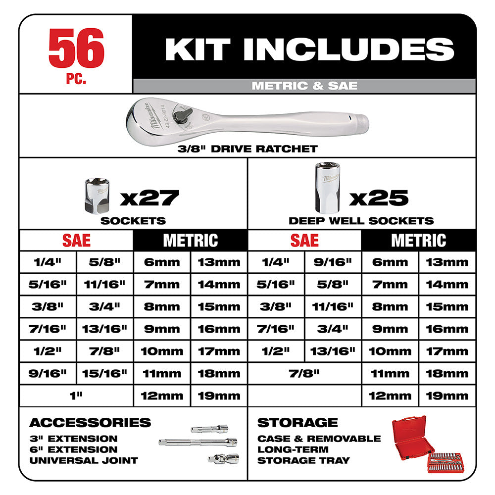 Milwaukee 48-22-9008 3/8" Drive 56 Piece Ratchet & Socket Set - SAE & Metric - 5