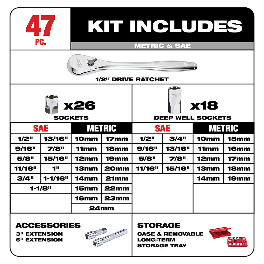 Milwaukee 48-22-9010 47 pc 1/2" Socket Wrench Set – SAE & Metric - 5