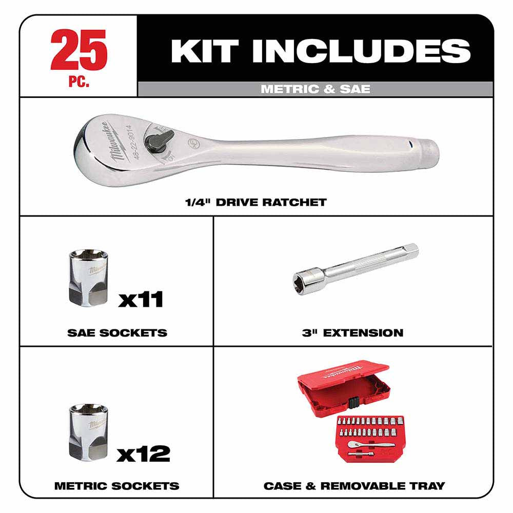 Milwaukee 48-22-9044 25pc 1/4" Drive Metric & SAE Ratchet and Socket Set with FOUR FLAT SIDES - 2