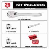 Milwaukee 48-22-9044 25pc 1/4" Drive Metric & SAE Ratchet and Socket Set with FOUR FLAT SIDES - 2