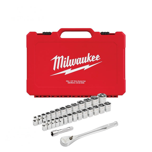 Milwaukee 48-22-9088 3/8" Drive Metric and SAE Ratchet and Socket Set with Four Flat Sides (29-Piece)