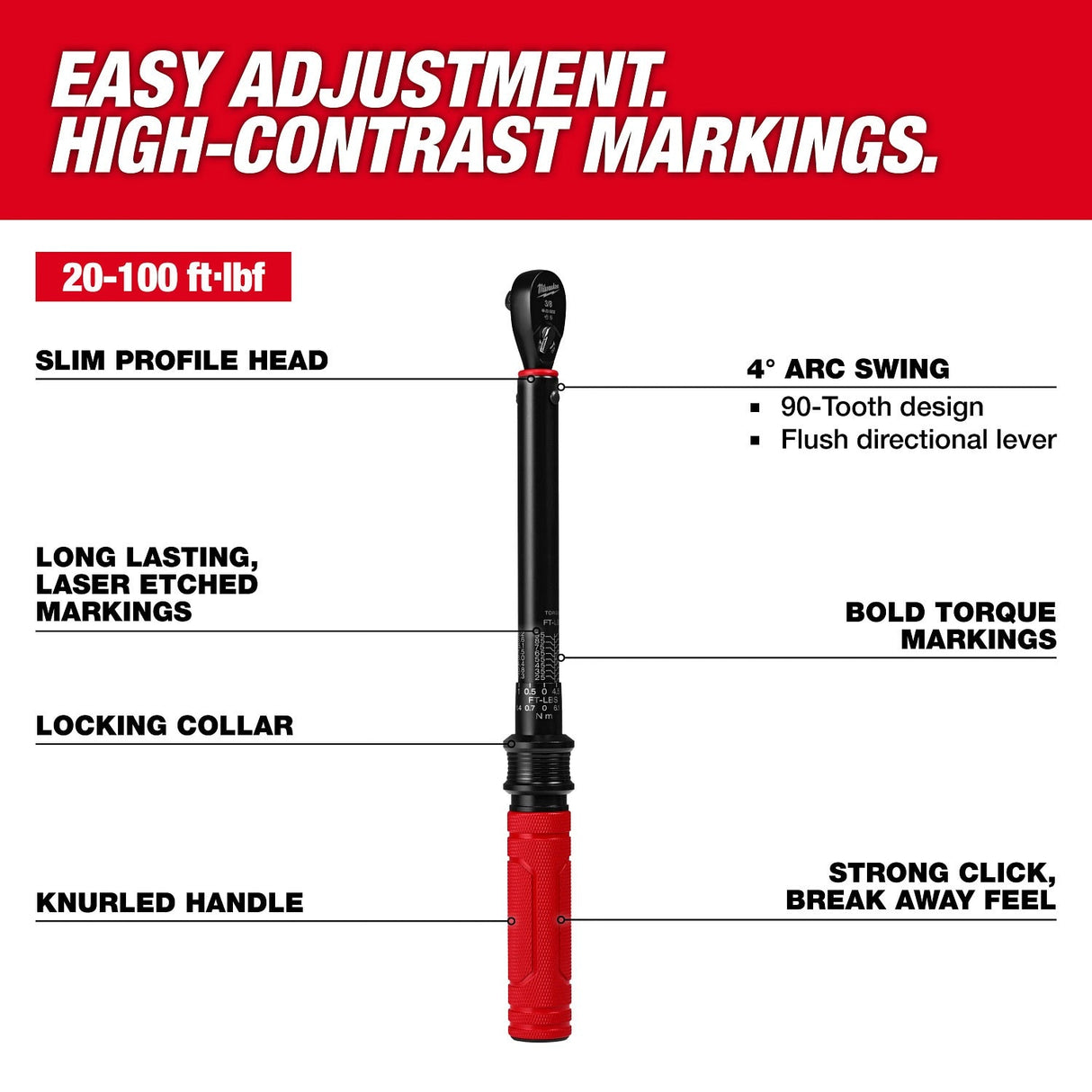 Milwaukee 48-22-9202 3/8 in. Drive Click Torque Wrench 20-100 ft-lbf ±3% Accuracy - 2