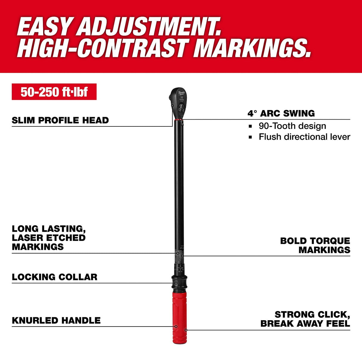 Milwaukee 48-22-9203 1/2 Inch Drive Click Torque Wrench, 50-250 ft-lbf Range - 2