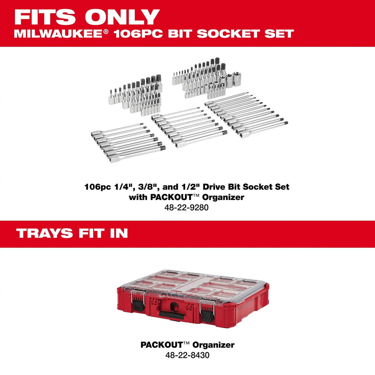 Milwaukee 48-22-9280 1/4"  3/8" 1/2" Drive Bit Socket Set with PACKOUT Organizer (106-Piece) - 12