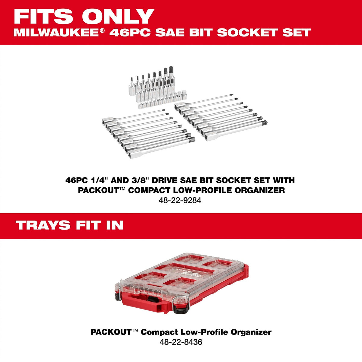 Milwaukee 48-22-9284 1/4" and 3/8" SAE Hex Bit Socket Set with Low-Profile Organizer (46 Piece) - 10