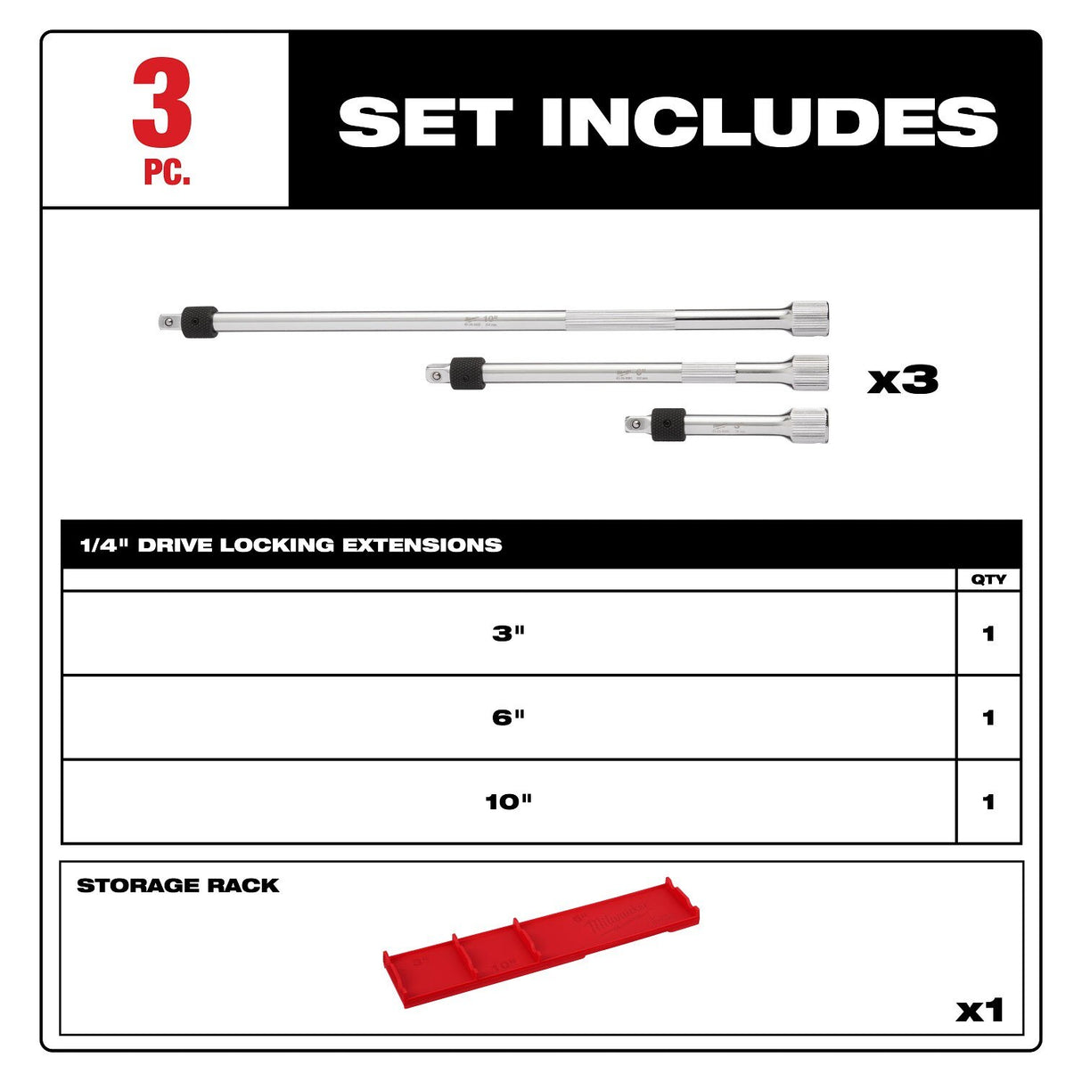 Milwaukee 48-22-9360 3pc 1/4” Drive Locking Extension Set - 4