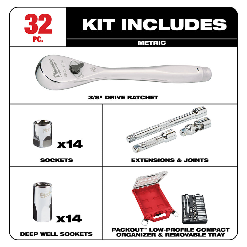 Milwaukee  48-22-9482 3/8” 32pc Ratchet and Socket Set in PACKOUT - Metric - 2