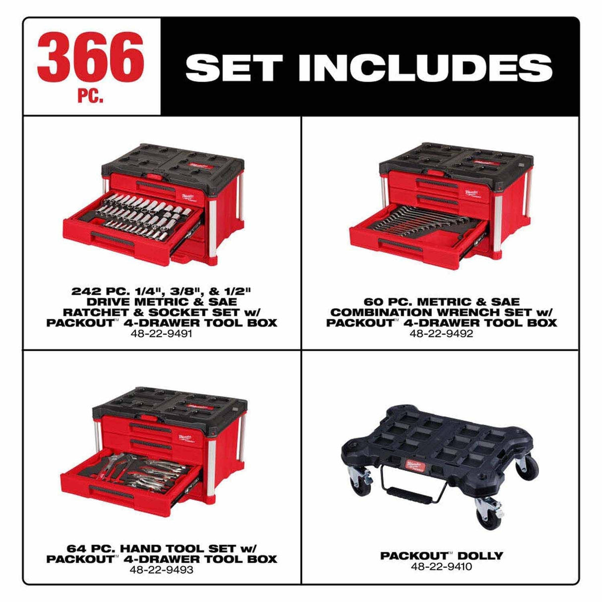 Milwaukee 48-22-9495 366pc. Master Mechanics Hand Tool Set with PACKOUT Drawers and Dolly - 2