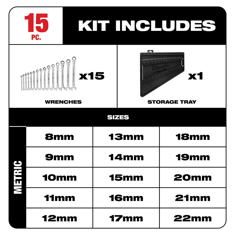 Milwaukee 48-22-9516 15 Piece Ratcheting Combination Wrench Set - Metric - 2