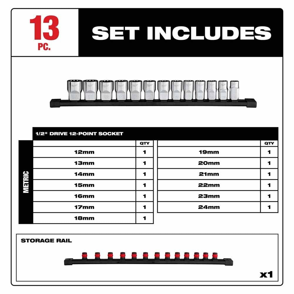 Milwaukee 48-22-9522 13pc 1/2” Drive 12-Point Metric Socket Set - 3