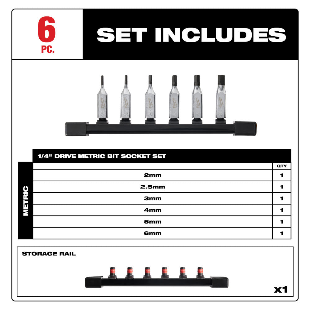 Milwaukee 48-22-9541 6pc 1/4" Drive Hex Bit Socket Set - Metric - 2