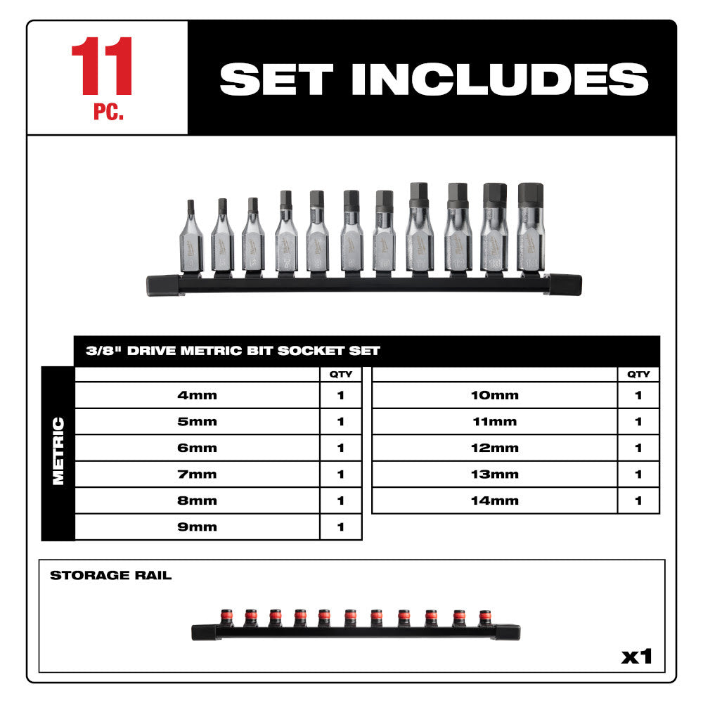 Milwaukee 48-22-9543 11pc 3/8" Drive Hex Bit Socket Set - Metric - 2