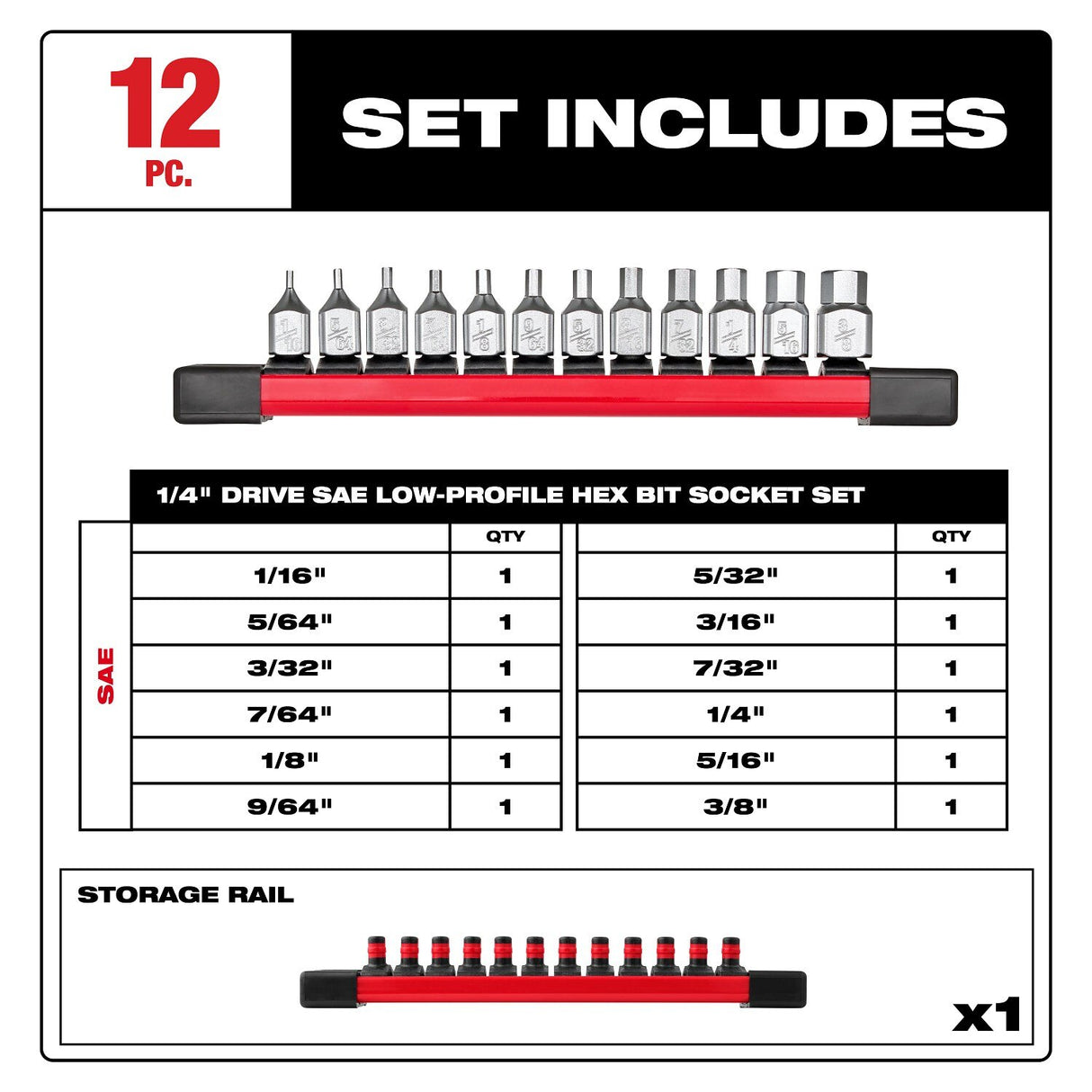 Milwaukee 48-22-9544 1/4 in. Low-Profile SAE Hex Bit Socket Set with FOUR FLAT Sides (12 Piece) - 2