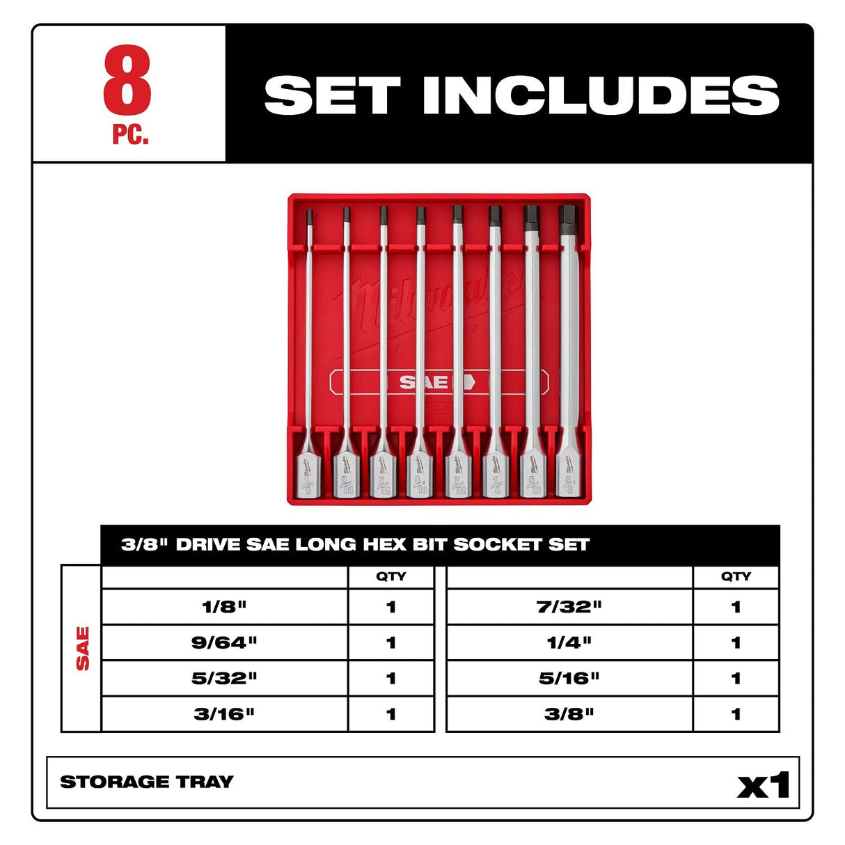 Milwaukee 48-22-9546 3/8 in. Drive SAE Long Hex Bit Socket Set with FOUR FLAT Sides, 6 in. Long Reach (8 Piece) - 2
