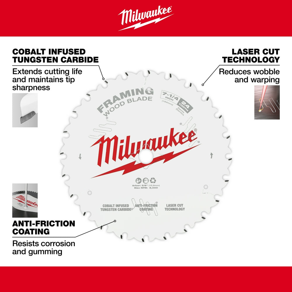 Milwaukee 48-40-0733 7-1/4" 24T Framing Circular Saw Blade 3PK - 3